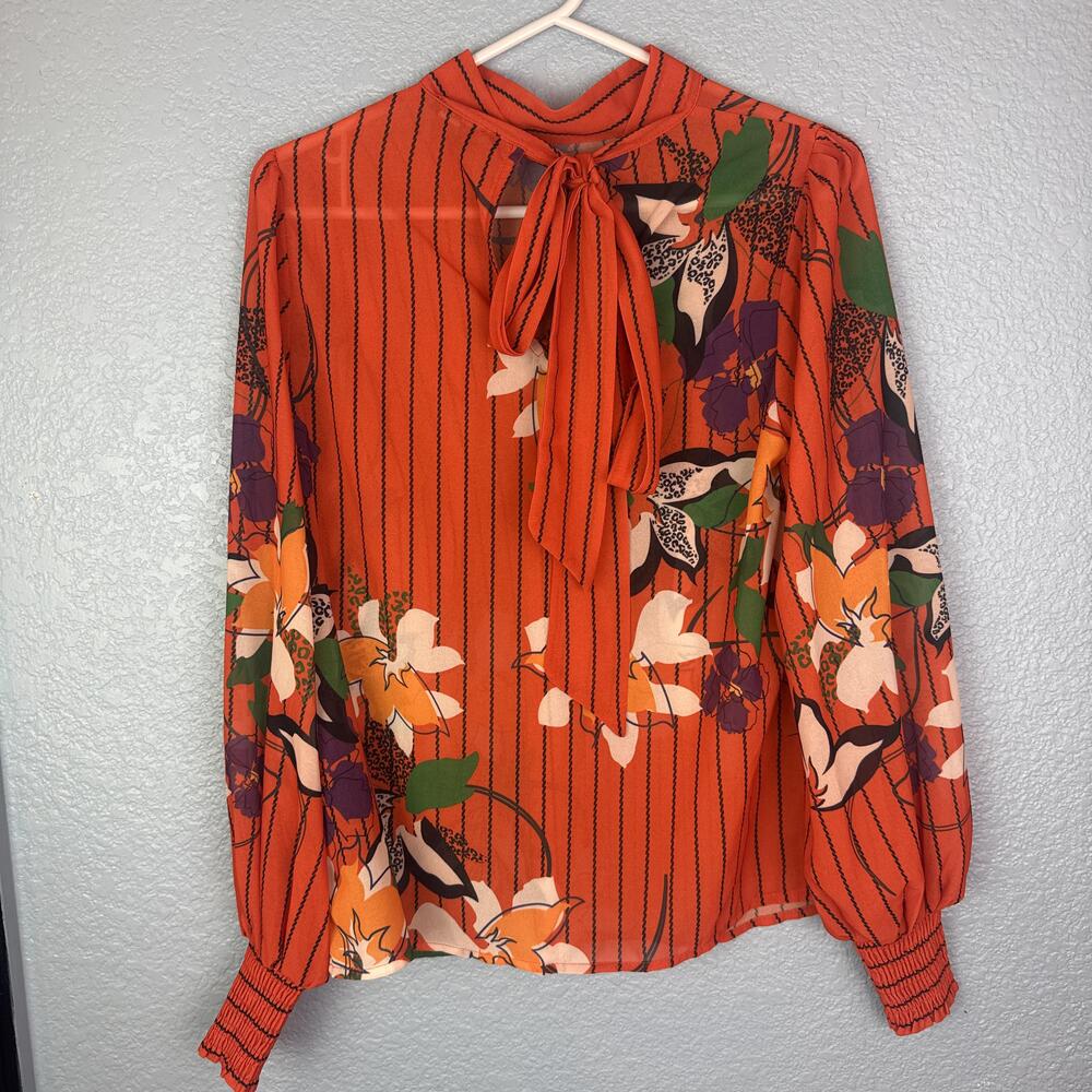 Bow Tie Floral Blouse Womens XS Orange Sheer Chiffon Balloon Sleeve Top Boho